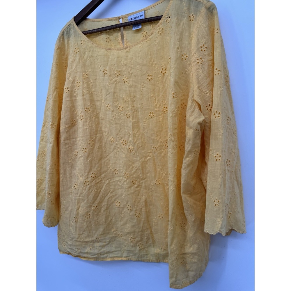 Liz Claiborne 2X Yellow Eyelet 100%‎ Cotton Top Spring Cottagecore Comfort Light - Picture 2 of 8